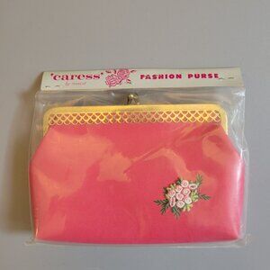 Vintage Pink Embroidered Floral Fashion Purse By Caress With Gold-Tone Metal Fra